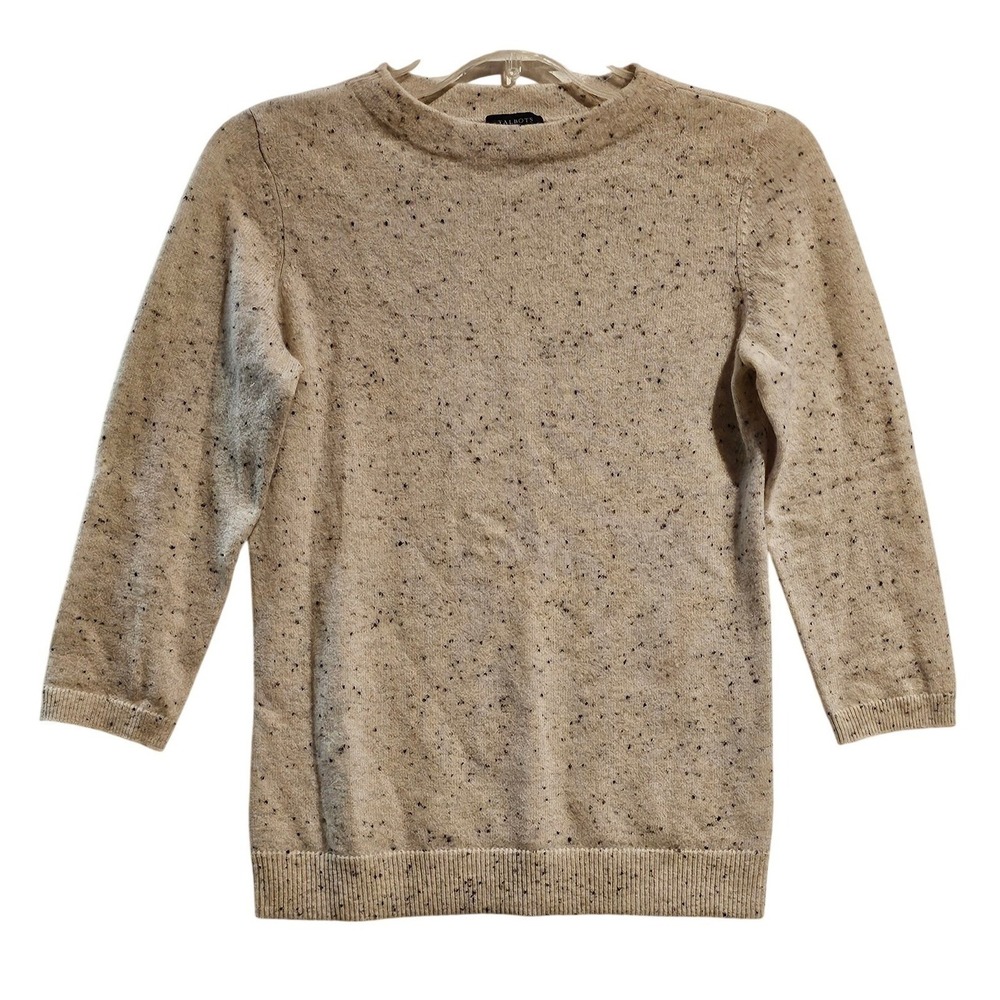 Talbots Pure Cashmere Speckled Crew Neck 3/4 Sleeve Sweater XS Beige Black‎